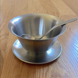 Vintage Purinox Stainless Steel Italy 18/8 Bowl With Attached Plate & Ladle